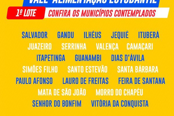 Cartaz relaciona municípios da Bahia nos quais os alunos da rede estadual podem acessar o vale-refeição