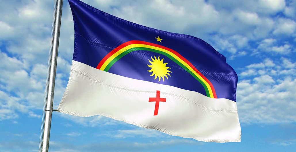 Pernambuco state of Brazil flag on flagpole waving cloudy sky background realistic 3d illustration