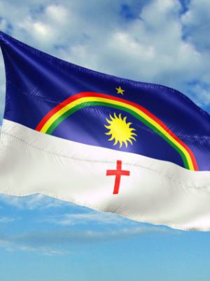 Pernambuco state of Brazil flag on flagpole waving cloudy sky background realistic 3d illustration