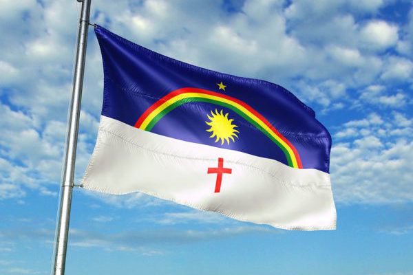 Pernambuco state of Brazil flag on flagpole waving cloudy sky background realistic 3d illustration